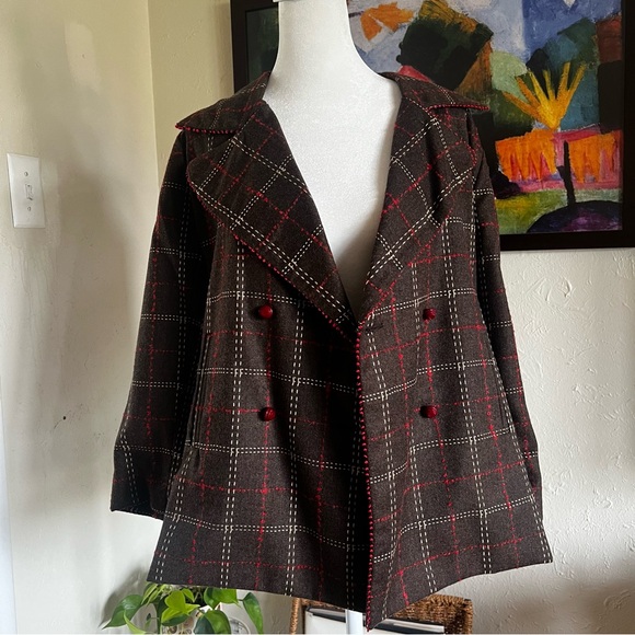 Erica Tanov Brown Blazer Red Trim Vintage Silk Lined - Large - Picture 2 of 7